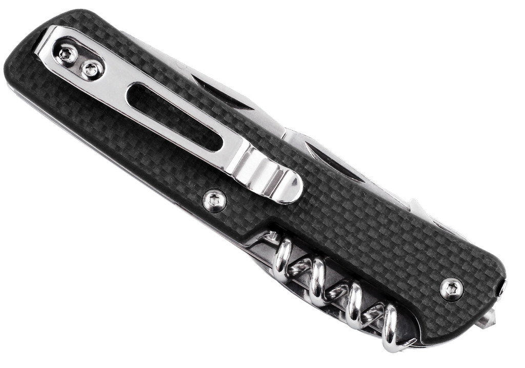 Ruike Knives M41-B multitool with 18 functions - shown closed pocket clip side.  Black G-10 handle.  Model M41-B.