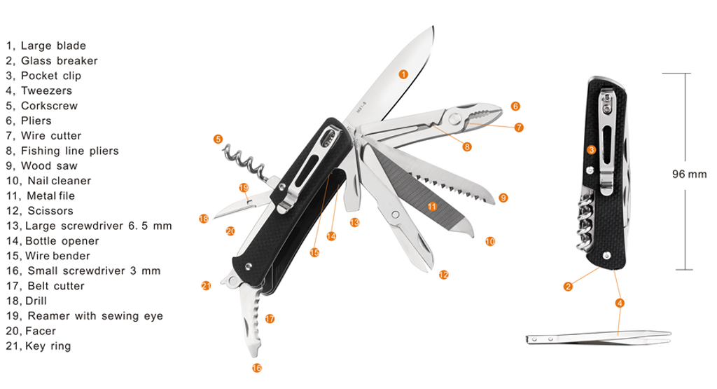 Ruike Knives M61-B Multitool 2.79" Blade 21 Functions Black G-10 Handle