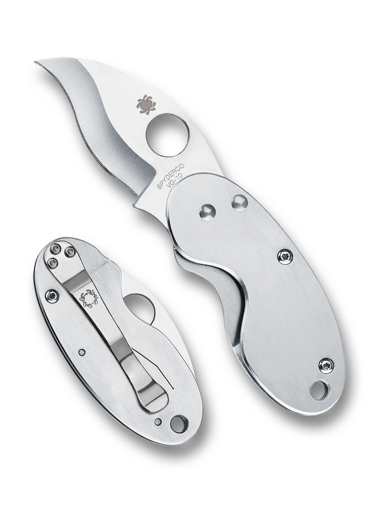 Spyderco Cricket folding knife with thumb hole - shown open presentation side and closed pocket clip side.  Satin VG-10 stainless steel plain edge blade.  Stainless steel handle.  Model C29P.