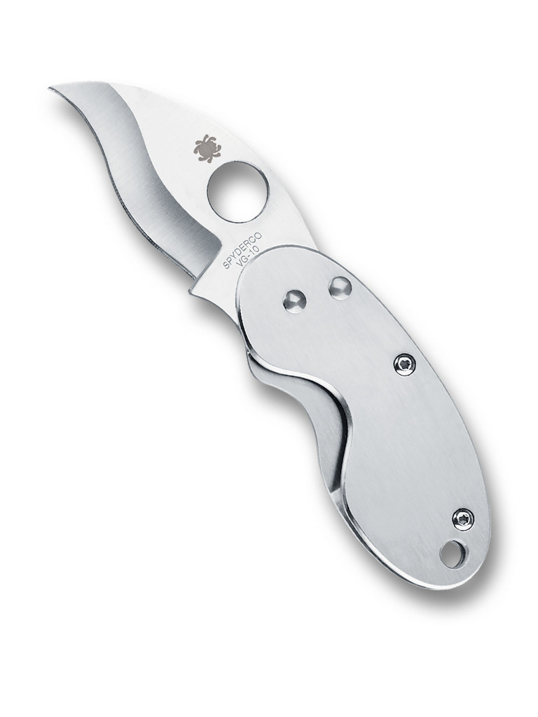 Spyderco Cricket folding knife with thumb hole - shown open presentation side.  Satin VG-10 stainless steel plain edge blade.  Stainless steel handle.  Model C29P.