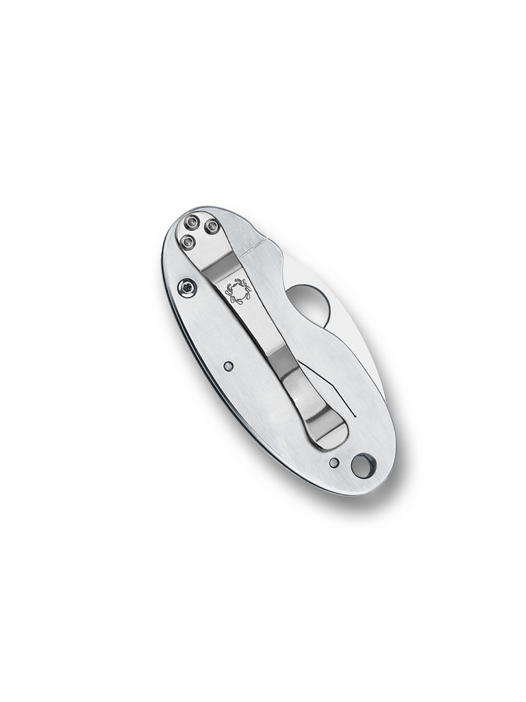 Spyderco Cricket folding knife with thumb hole - shown closed pocket clip side.  Satin VG-10 stainless steel plain edge blade.  Stainless steel handle.  Model C29P.