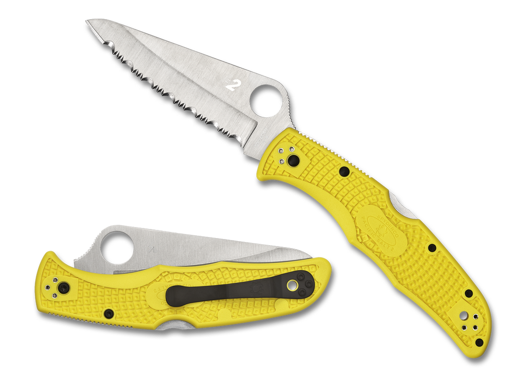 Spyderco Pacific Salt 2 folding knife with thumb hole - shown open presentation side and closed pocket clip side.  Satin H-2 stainless steel serrated edge blade.  Yellow FRN handle.  Model C91SYL2.