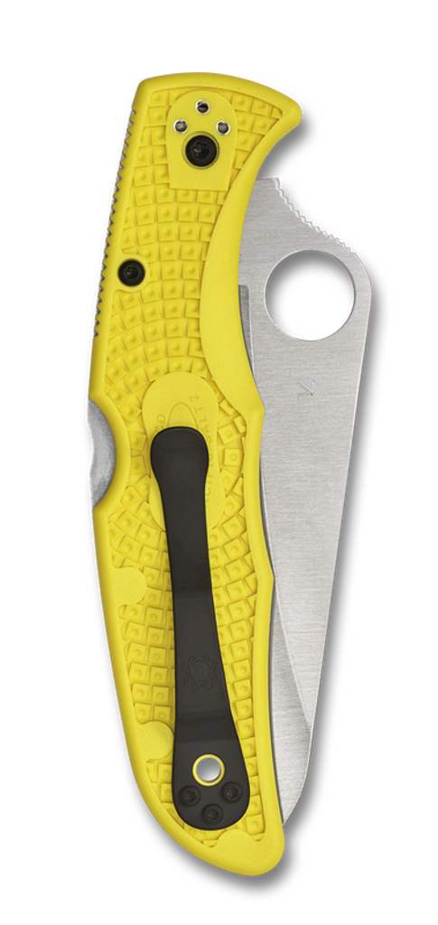 Spyderco Pacific Salt 2 folding knife with thumb hole - shown closed pocket clip side.  Satin H-2 stainless steel serrated edge blade.  Yellow FRN handle.  Model C91SYL2.