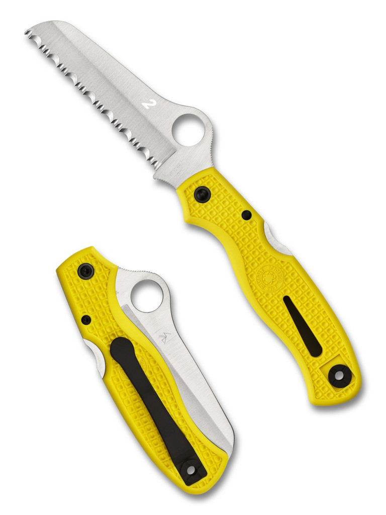 Spyderco Atlantic Salt folding knife with thumb hole - shown open presentation side and closed pocket clip side.  Satin H-2 stainless steel serrated edge blade.  Yellow FRN handle. Model C89SYL.