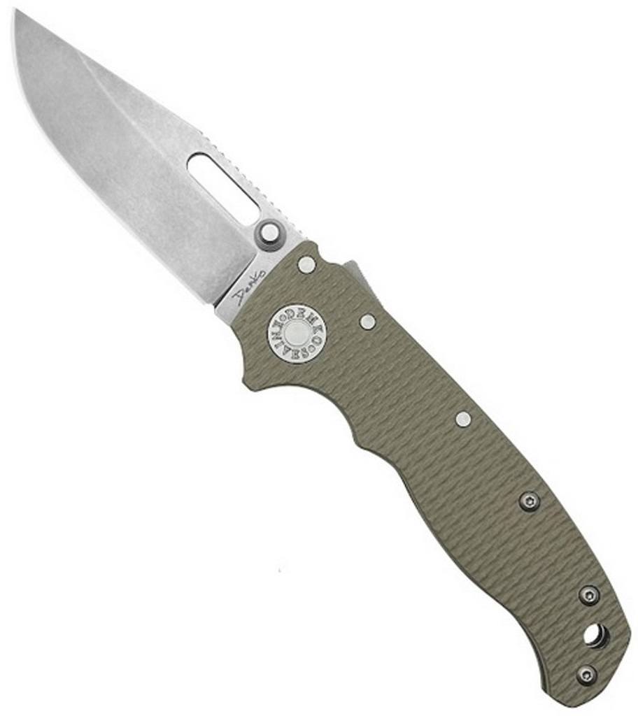 Demko Knives AD20.5 folding knife with thumb stud and slot - shown open presentation side.  S35VN stainless steel, clip point, plain edge blade.  Tan G-10 handle.  Model AD20.5-CPPE-S35VN-TANG10.