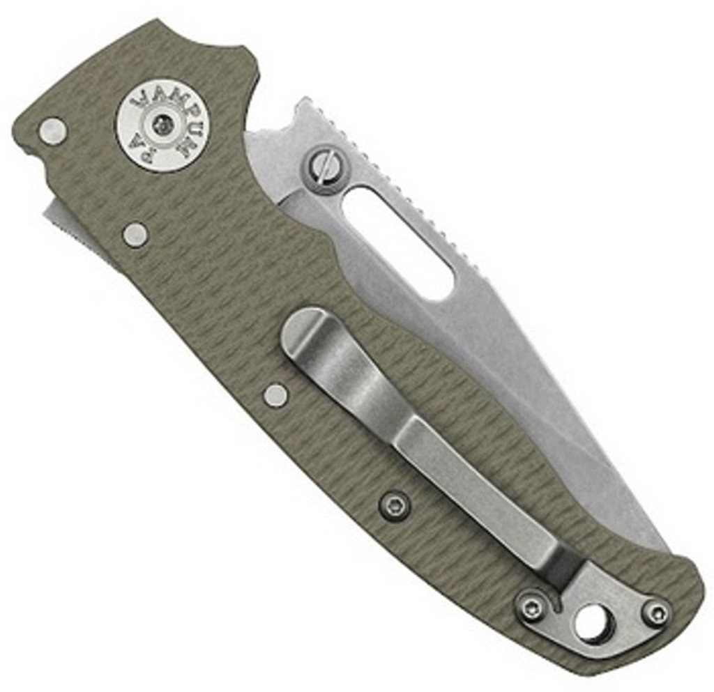 Demko Knives AD20.5 folding knife with thumb stud and slot - shown closed pocket clip side.  S35VN stainless steel, clip point, plain edge blade.  Tan G-10 handle.  Model AD20.5-CPPE-S35VN-TANG10.