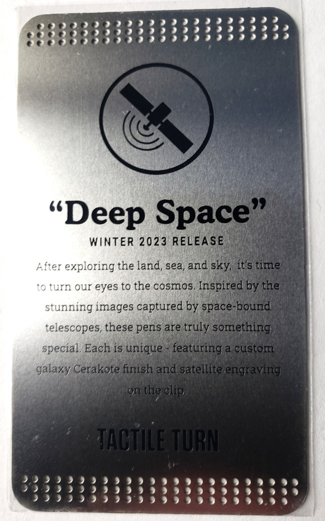 Tactile Turn Slim Side Click ink pen - Seasonal Release Deep Space.  Metal Deep Space card.  Model 10-SS1-SEA-SPA.
For reference only.
