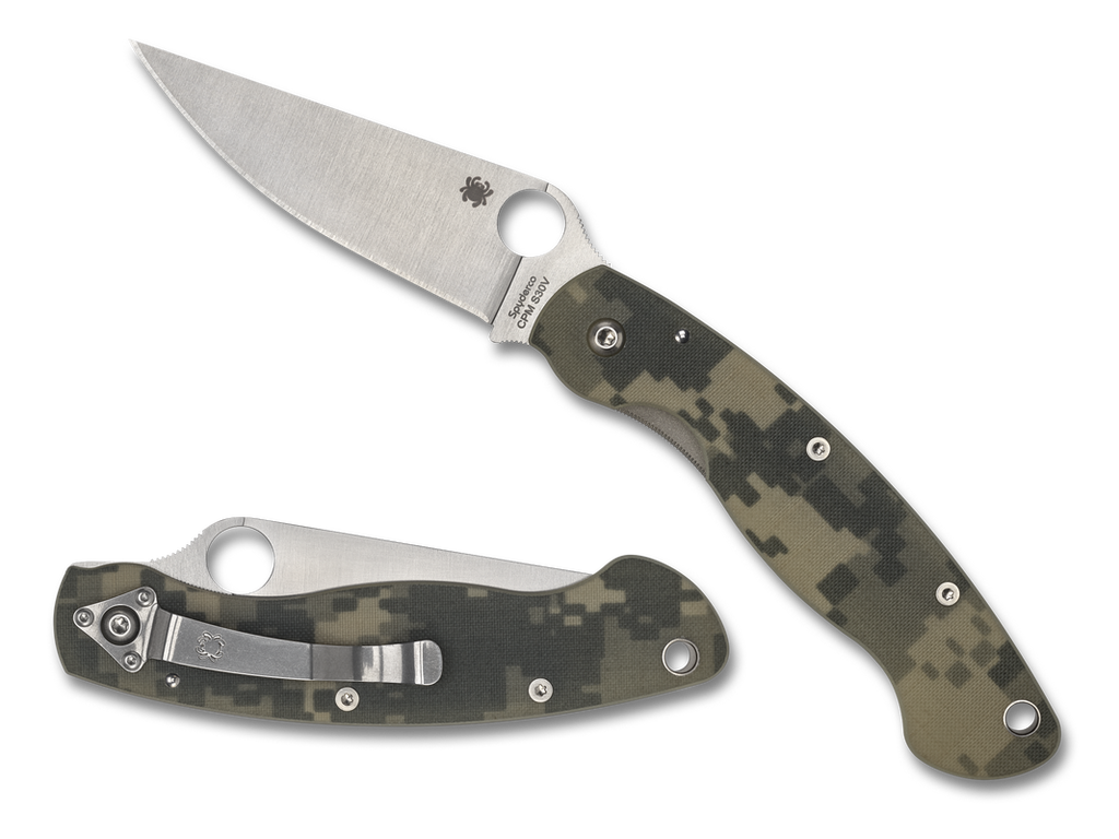 Spyderco Military folding knife with thumb hole - shown open presentation side and closed pocket clip side.  Satin S30V stainless steel plain edge blade.  Digi Camo G-10 handle.  Model C36GPCMO.
