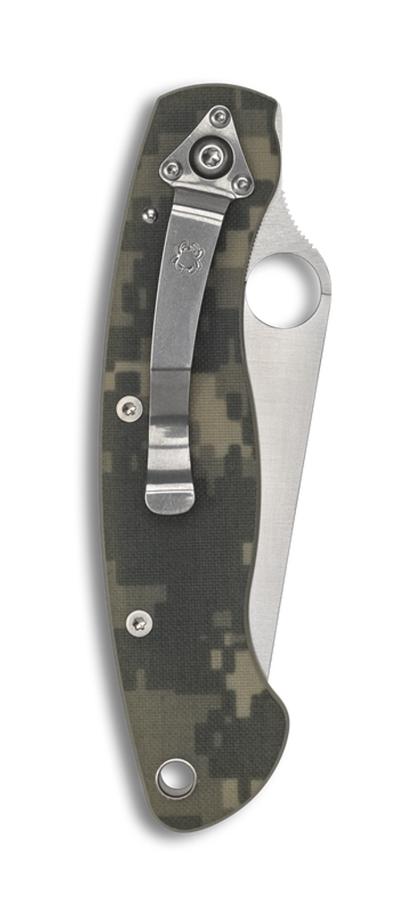 Spyderco Military folding knife with thumb hole - shown closed pocket clip side.  Satin S30V stainless steel plain edge blade.  Digi Camo G-10 handle.  Model C36GPCMO.