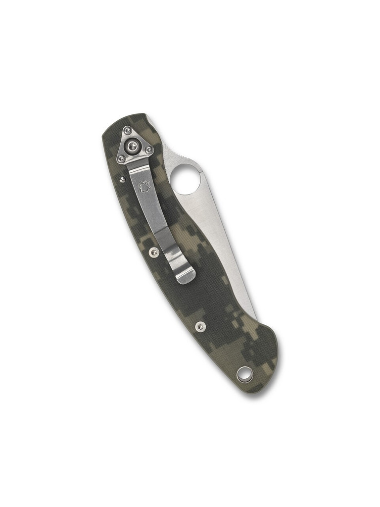 Spyderco Military folding knife with thumb hole - shown closed pocket clip side.  Satin S30V stainless steel plain edge blade.  Digi Camo G-10 handle.  Model C36GPCMO.