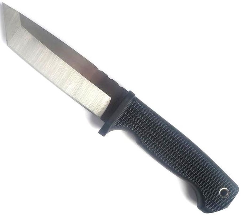 Demko Knives FreeReign Tanto fixed blade knife - shown out of sheath reverse.  Satin AUS10A stainless steel plain edge blade.  Black rubber handle.  