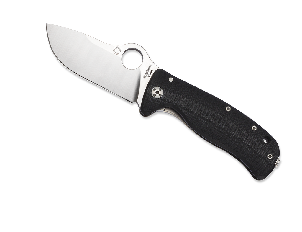 Spyderco Lil Lionspy folding knife with blade hole - shown open presentation side.  Satin Elmax stainless steel plain edge blade. Black G-10 handle with titanium lock side.  Model C181GTIP.
For reference only.