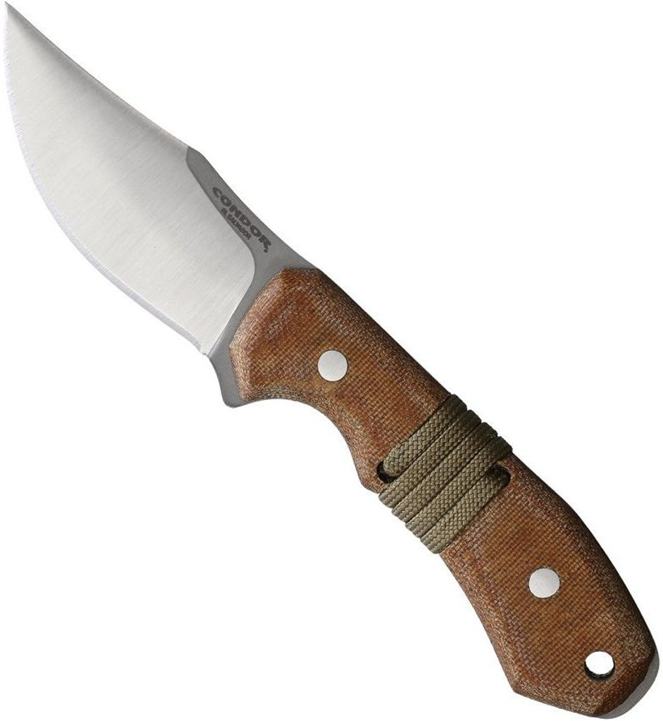 Condor Tool and Knife Mountaineer Trail Wingman fixed blade knife - shown out of sheath reverse.  14C28N stainless steel plain edge blade.  Brown Micarta handle.  Model CTK121-2.75-SK.