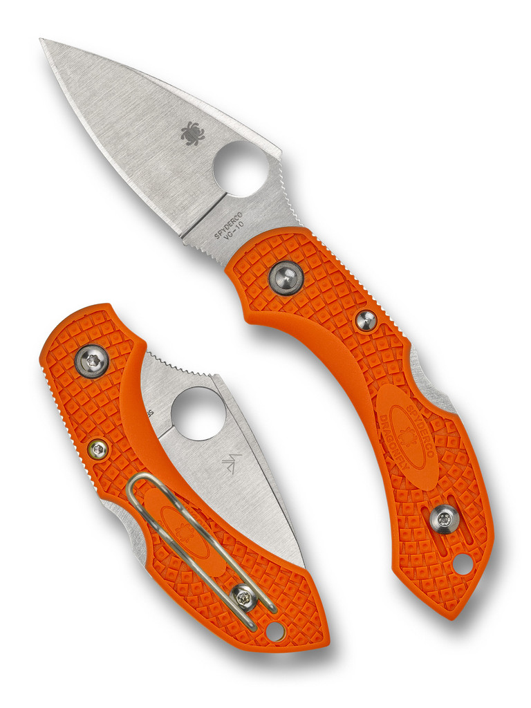 Spyderco Dragonfly 2 folding knife with thumb hole - shown open presentation side and closed pocket clip side.  Satin VG-10 stainless steel plain edge blade.  Orange FRN handle.  Model C28POR2.
