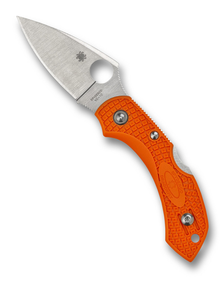 Spyderco Dragonfly 2 folding knife with thumb hole - shown open presentation side.  Satin VG-10 stainless steel plain edge blade.  Orange FRN handle.  Model C28POR2.