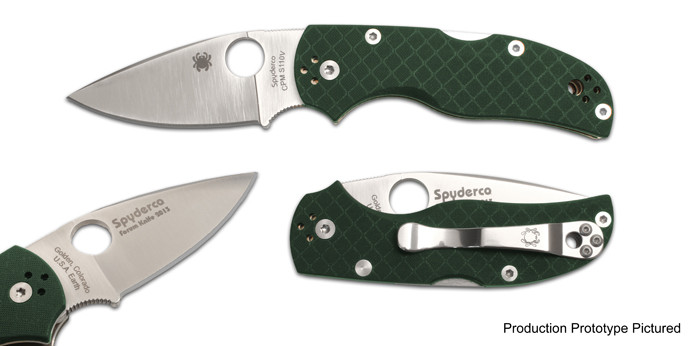 Spyderco Native 5 2013 Blade Forums Exclusive folding knife with thumb hole - shown open presentation side, close up of blade, and closed pocket clip side.  Satin S110V stainless steel plain edge blade.  Green G-10 handle.  Model C41GPGR5.
For reference only.
