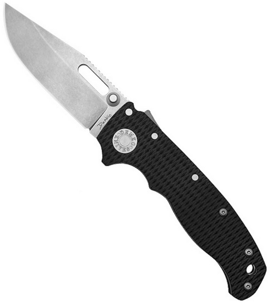 Demko Knives AD20.5 folding knife with thumb stud and slot - shown open presentation side.  S35VN stainless steel, clip point, plain edge blade.  Black G-10 handle.  Model AD20.5-CPPE-S35VN-BKG10.