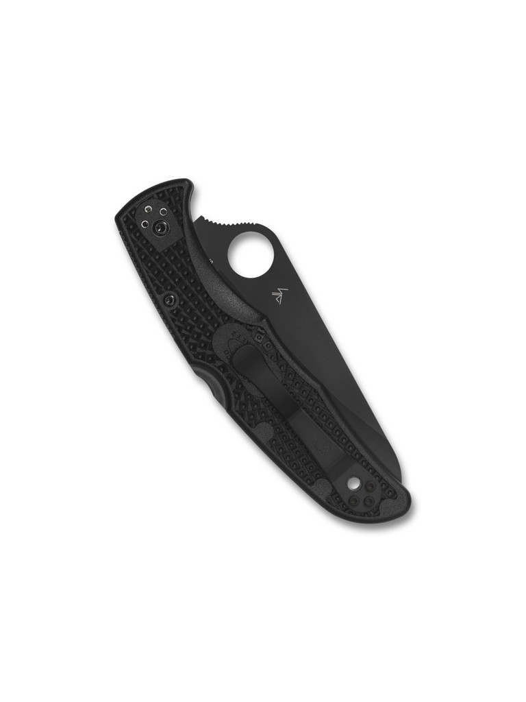 Spyderco Pacific Salt 2 folding knife with thumb hole - shown closed pocket clip side.  Black H-2 stainless steel serrated edge blade.  Black FRN handle.  Model C91SBBK2.