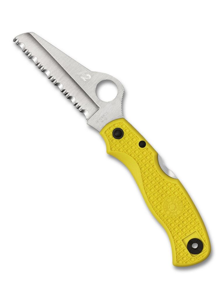 Spyderco Saver Salt folding knife with thumb hole - shown open presentation side.  Satin H-2 stainless steel serrated edge blade.  Yellow FRN handle.  Model C118SYL.