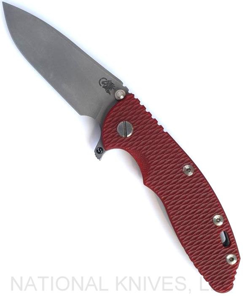 Rick Hinderer Knives Skinny XM-18 3.5" Slicer folding knife with thumb stud and flipper tab - shown open presentation side.  Working Finish MagnaCut stainless steel plain edge blade.  Red G-10 handle with Working Finish lock side.  Model KXM35SKSL.