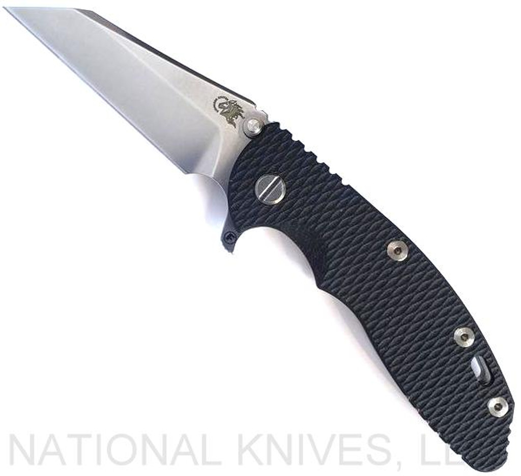Rick Hinderer Knives Fatty XM-18 3.5" Wharncliffe folding knife with thumb stud and flipper tab - shown open presentation side.  Stonewash S45VN stainless steel plain edge blade.  Black G-10 handle with stonewash lock side.  Model KXM35FAWC.