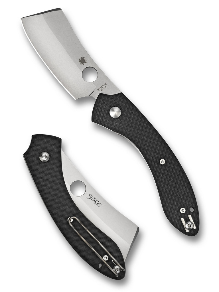 Spyderco Roc folding knife with thumb hole - shown open presentation side and closed pocket clip side.  Gray VG-10 stainless steel plain edge blade. Black G-10 handle.  Model C177GP.