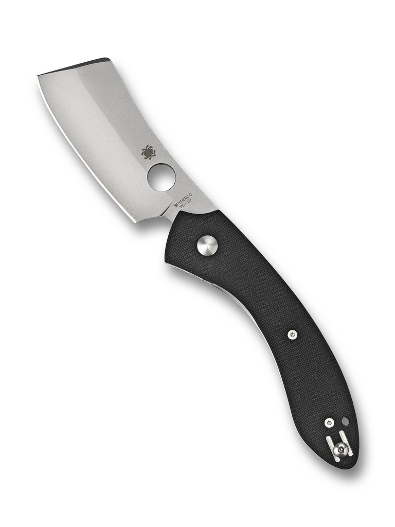 Spyderco Roc folding knife with thumb hole - shown open presentation side.  Gray VG-10 stainless steel plain edge blade. Black G-10 handle.  Model C177GP.