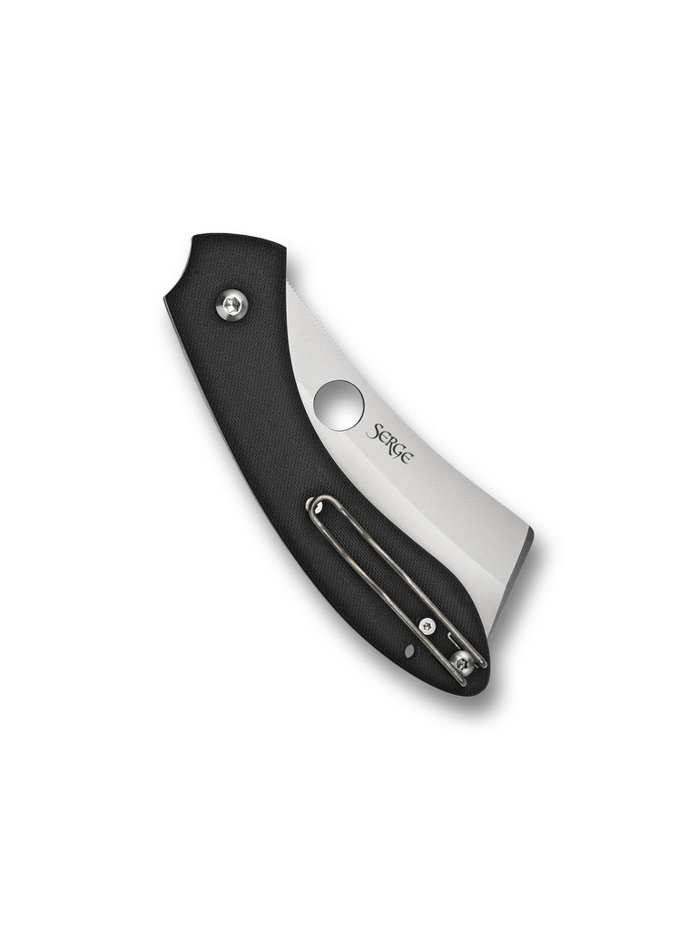 Spyderco Roc folding knife with thumb hole - shown closed pocket clip side.  Gray VG-10 stainless steel plain edge blade. Black G-10 handle.  Model C177GP.
