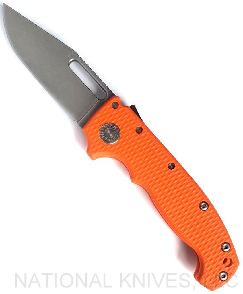 Demko Knives MG AD-20 clip point folding knife with thumb stud and thumb slot - shown open presentation side.  Stonewash 3V steel plain edge blade.  Orange G-10 handle.