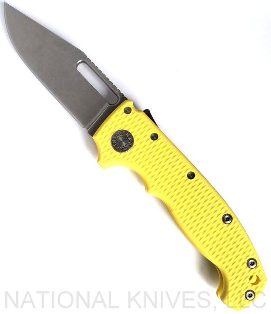 Demko Knives MG AD-20 clip point folding knife with thumb stud and thumb slot - shown open presentation side.  Stonewash 3V steel plain edge blade.  Yellow G-10 handle.