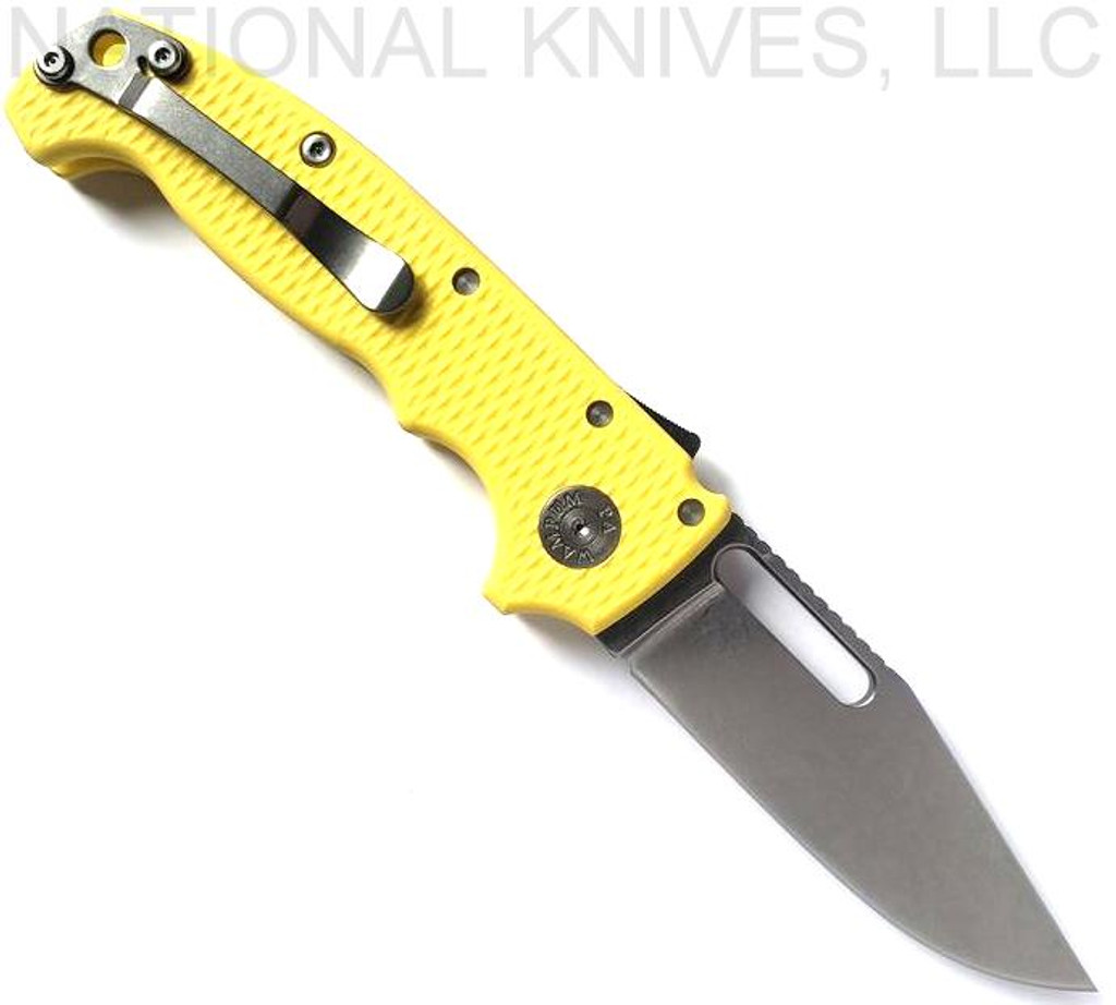 Demko Knives MG AD-20 clip point folding knife with thumb stud and thumb slot - shown open pocket clip side.  Stonewash 3V steel plain edge blade.  Yellow G-10 handle.