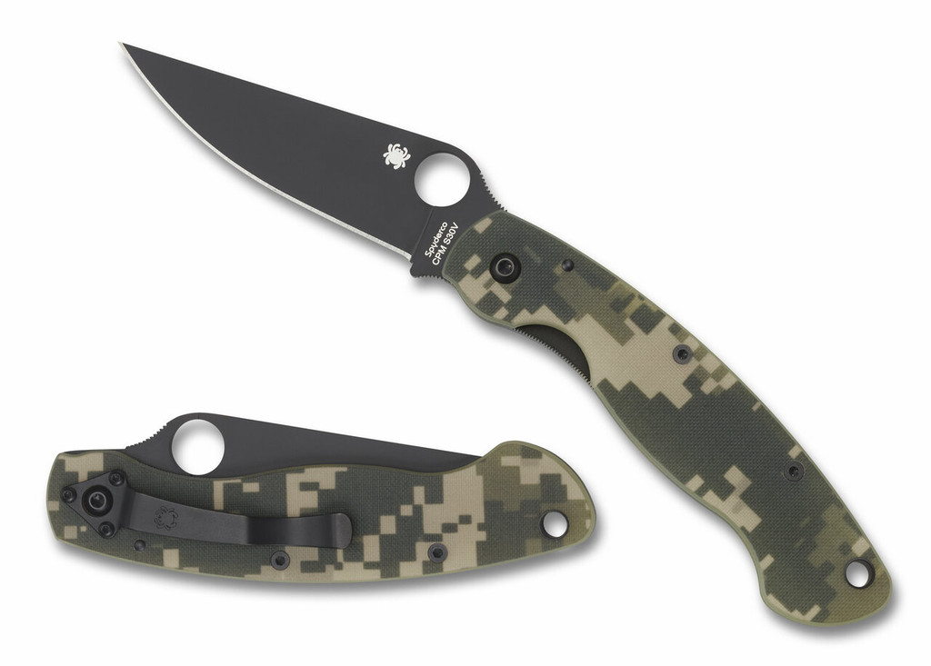 Spyderco Military folding knife with thumb hole - shown open presentation side and closed pocket clip side.  Black S30V stainless steel plain edge blade.  Digi Camo G-10 handle.  Model C36GPCMOBK.