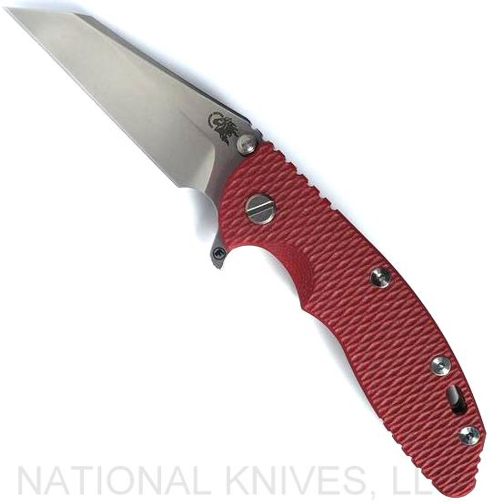 Rick Hinderer Knives Fatty XM-18 3.5" Wharncliffe folding knife with thumb stud and flipper tab - shown open presentation side.  Stonewash S45VN stainless steel plain edge blade.  Red G-10 handle with stonewash bronze lock side.  Model KXM35FAWC.