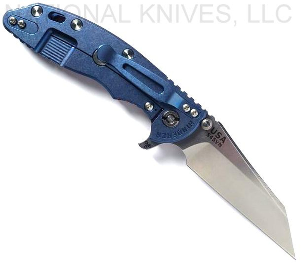 Rick Hinderer Knives Fatty XM-18 3.5" Wharncliffe folding knife with thumb stud and flipper tab - shown open lock side.  Stonewash S45VN stainless steel plain edge blade.  Red G-10 handle with stonewash blue lock side.  Model KXM35FAWC.