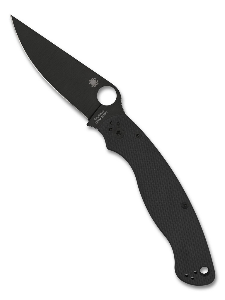 Spyderco Military 2 folding knife with thumb hole - shown open presentation side.  Black S30V stainless steel plain edge blade.  Black G-10 handle.  Model C36GPBK2.