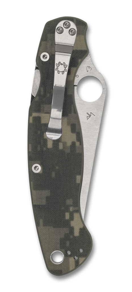 Spyderco Military 2 folding knife with thumb hole - shown closed pocket clip side.  Satin S30V stainless steel plain edge blade.  Digi Camo G-10 handle.  Model C36GPCMO2.