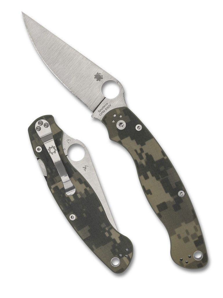 Spyderco Military 2 folding knife with thumb hole - shown open presentation side and closed pocket clip side.  Satin S30V stainless steel plain edge blade.  Digi Camo G-10 handle.  Model C36GPCMO2.