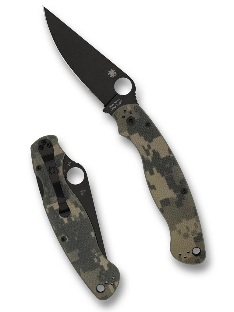 Spyderco Military 2 folding knife with thumb hole - shown open presentation side and closed pocket clip side.  Black S30V stainless steel plain edge blade.  Digi Camo G-10 handle.  Model C36GPCMOBK2.