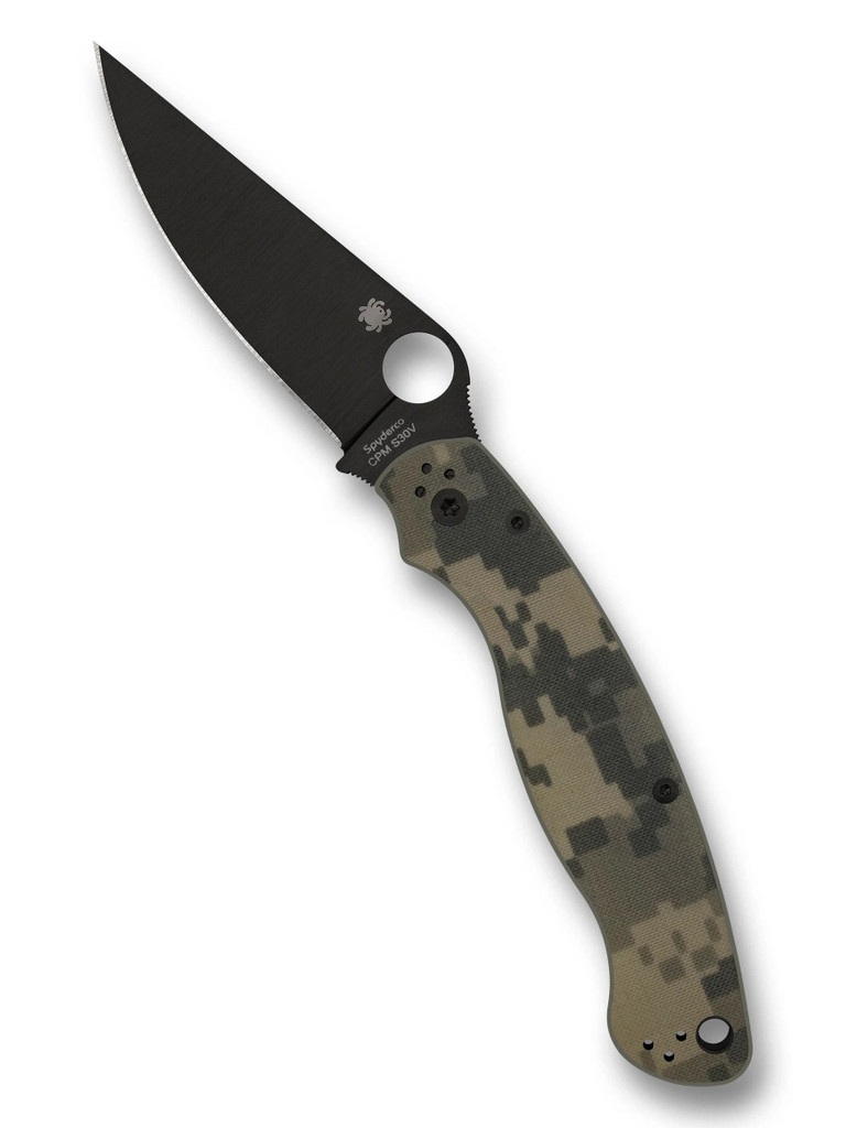 Spyderco Military 2 folding knife with thumb hole - shown open presentation side.  Black S30V stainless steel plain edge blade.  Digi Camo G-10 handle.  Model C36GPCMOBK2.