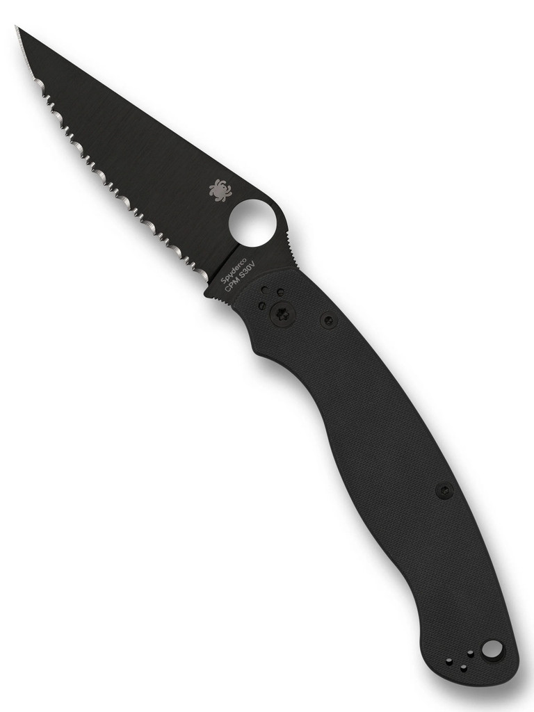 Spyderco Military 2 folding knife with thumb hole - shown open presentation side.  Black S30V stainless steel serrated edge blade.  Black G-10 handle.  Model C36GSBK2.