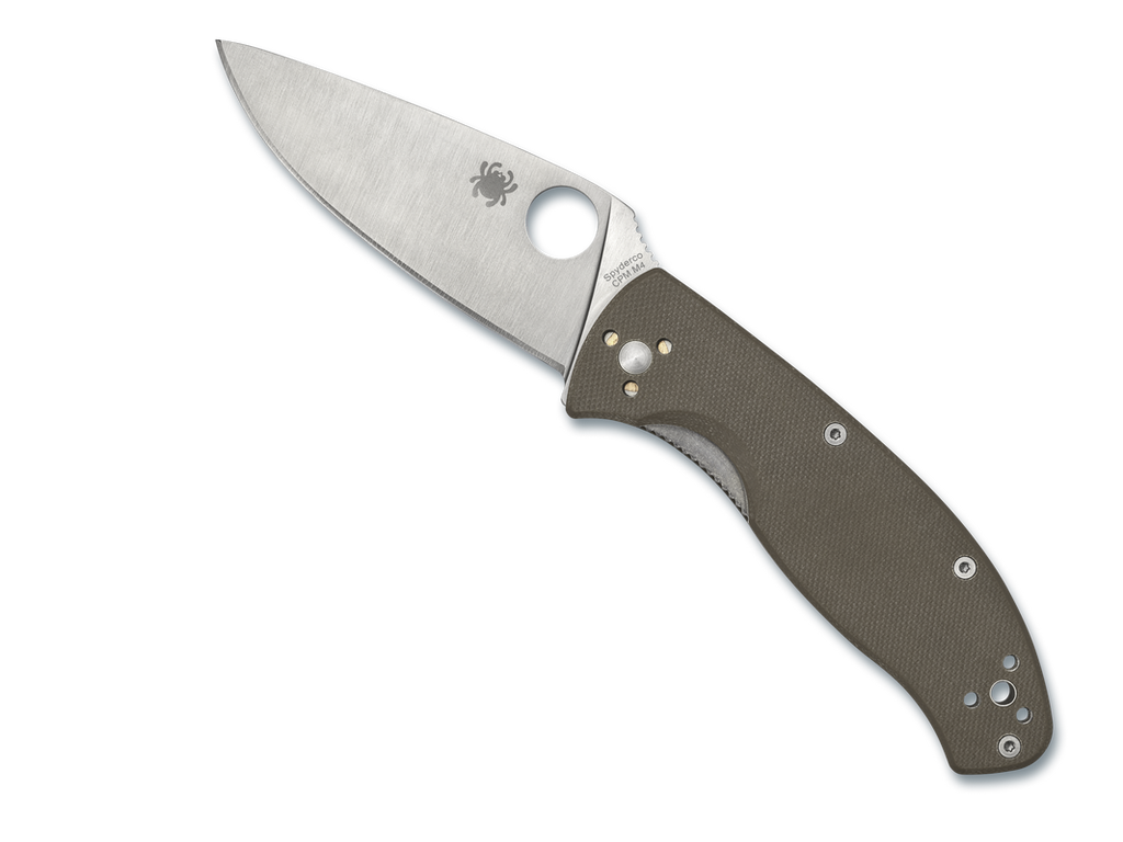 Spyderco Tenacious folding knife with thumb hole - shown open presentation side.  Satin M4 steel plain edge blade.  Brown G-10 handle.  C122GBNM4P.