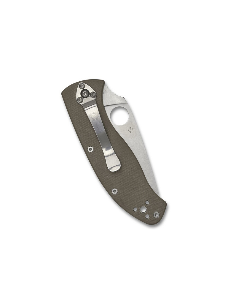 Spyderco Tenacious folding knife with thumb hole - shown closed pocket clip side.  Satin M4 steel plain edge blade.  Brown G-10 handle.  C122GBNM4P.