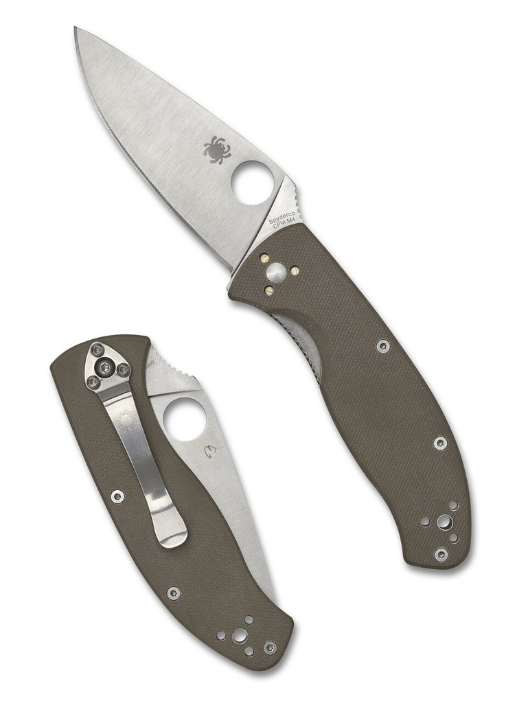 Spyderco Tenacious folding knife with thumb hole - shown open presentation side and closed pocket clip side.  Satin M4 steel plain edge blade.  Brown G-10 handle.  C122GBNM4P.