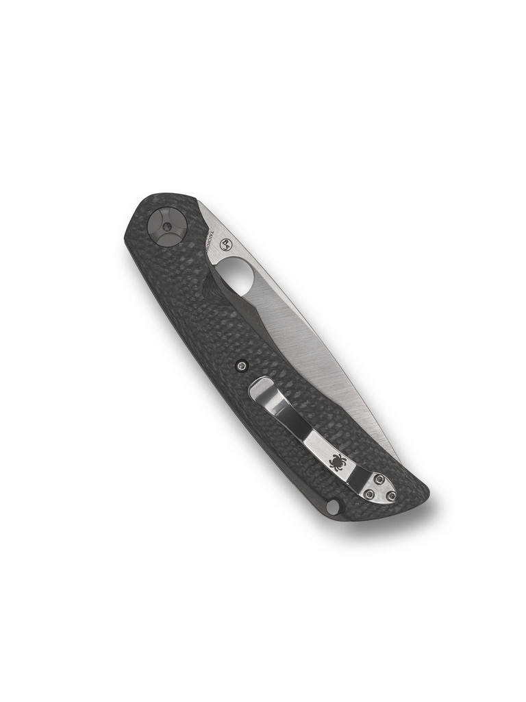 Spyderco Subvert Sprint Run folding knife with thumb hole - shown closed pocket clip side.  20CV stainless steel plain edge blade.  Black carbon fiber handle.  Model C239CFP.