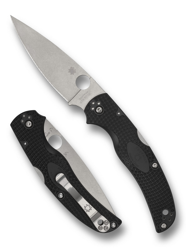 Spyderco Native Chief folding knife with thumb hole - shown open presentation side and closed pocket clip side.  Satin CTS-BD1N stainless steel plain edge blade.  Black FRN handle.  Model C244PBK.