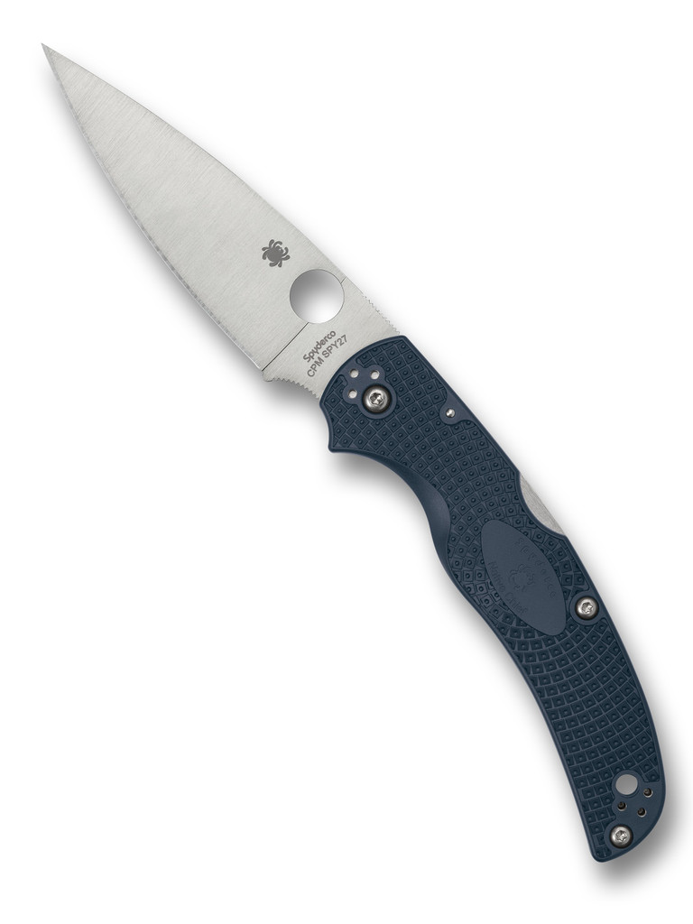 Spyderco Native Chief folding knife with thumb hole - shown open presentation side.  Satin SPY27 stainless steel plain edge blade.  Blue FRN handle.  Model C244PCBL.