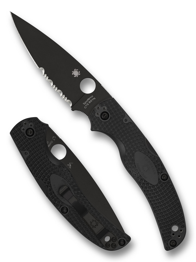 Spyderco Native Chief folding knife with thumb hole - shown open presentation side and closed pocket clip side.  Black CTS-BD1N stainless steel combo edge blade.  Black FRN handle.  Model C244PSBBK.