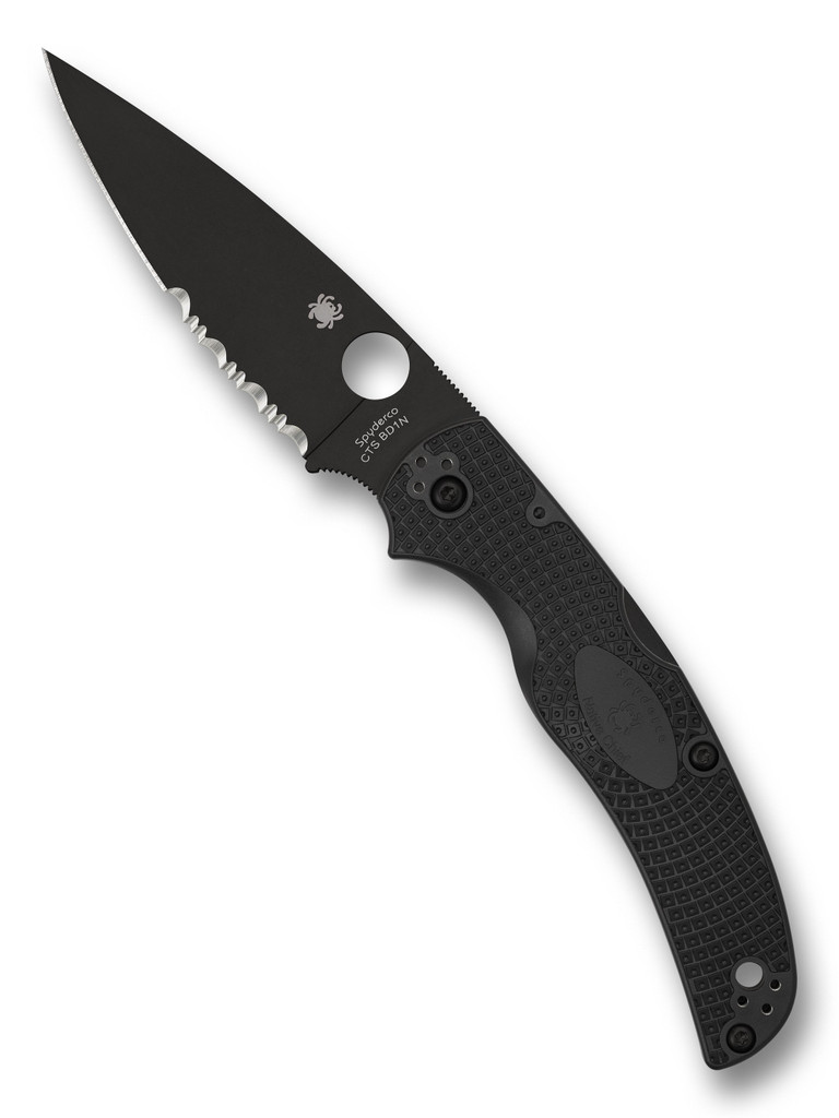 Spyderco Native Chief folding knife with thumb hole - shown open presentation side.  Black CTS-BD1N stainless steel combo edge blade.  Black FRN handle.  Model C244PSBBK.