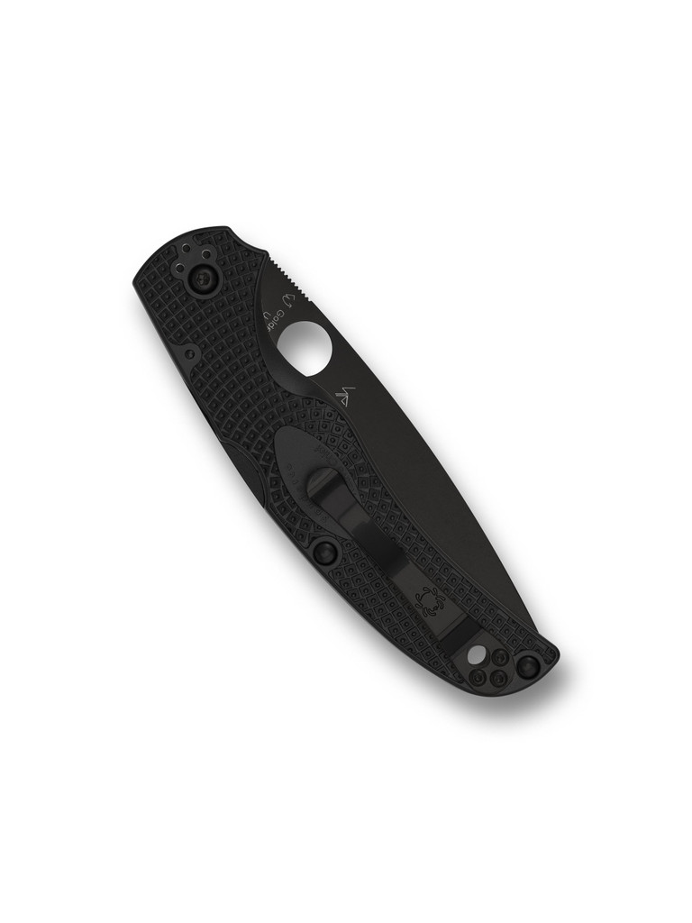 Spyderco Native Chief folding knife with thumb hole - shown closed pocket clip side.  Black CTS-BD1N stainless steel combo edge blade.  Black FRN handle.  Model C244PSBBK.