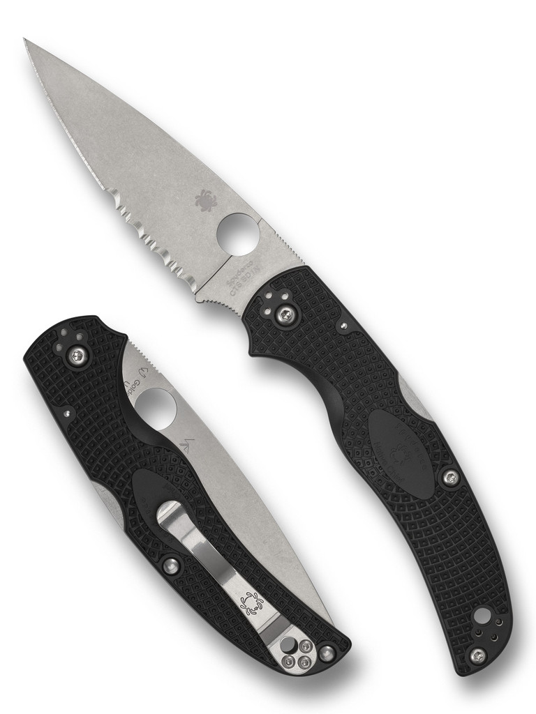 Spyderco Native Chief folding knife with thumb hole - shown open presentation side and closed pocket clip side.  Satin CTS-BD1N stainless steel combo edge blade.  Black FRN handle.  Model C244PSBK.